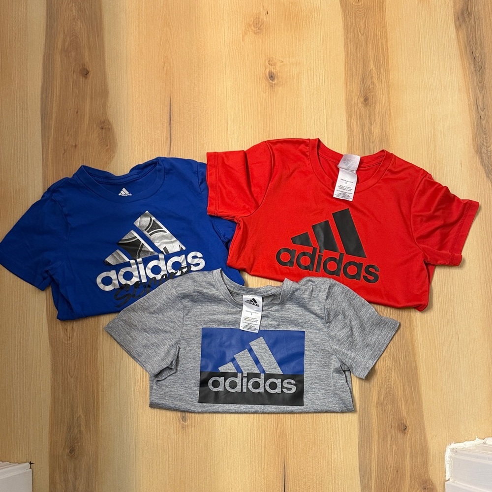 3 Adidas Kids' Short Sleeve Tees - Red, Blue, Gray- See info for sizing